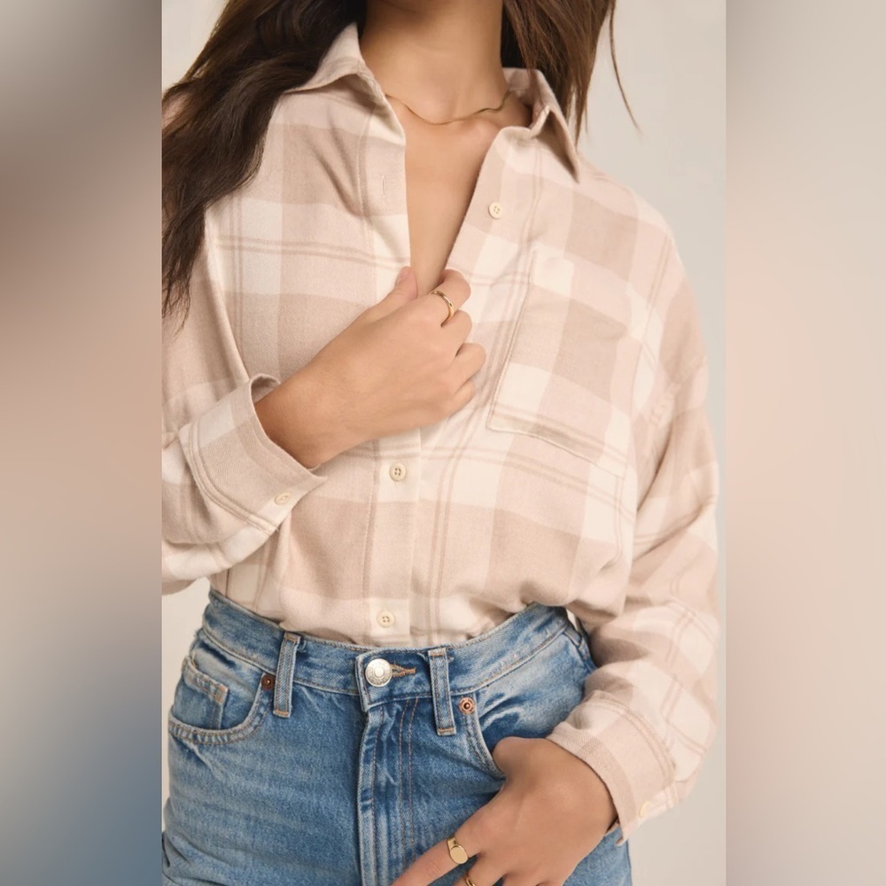 NWT Z Supply Evereve River Plaid Button Up in Putty Sold Out Online Size M Cottn - Picture 5 of 13